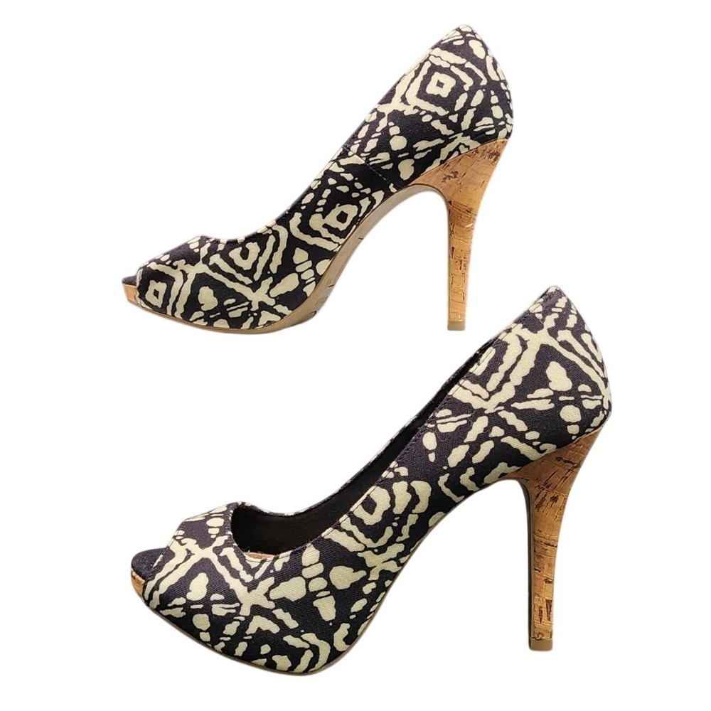 Christian Siriano Peep Toe Pumps Black Cream Tribal Print Womens‎ 9W Cork Heels